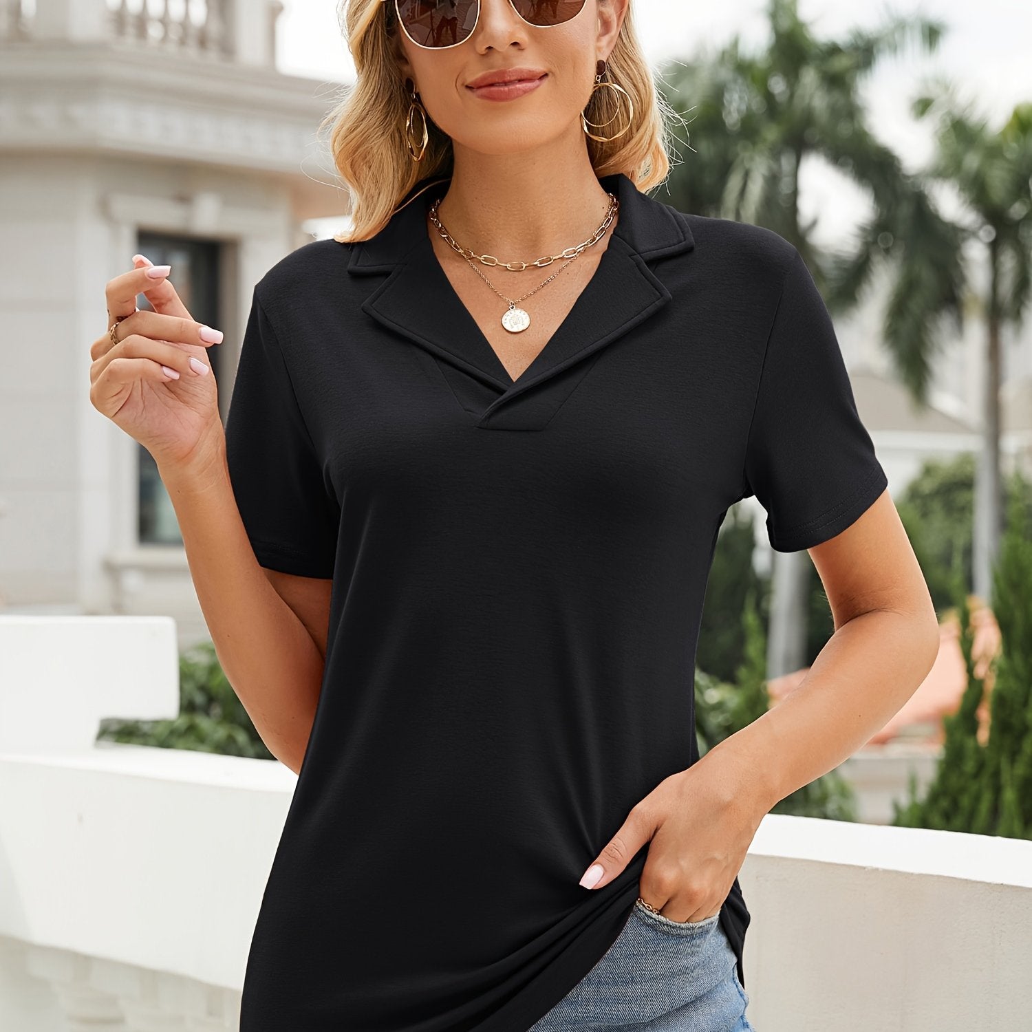 Women'S Casual Short Sleeve T-Shirt - Solid Color V-Neck, Regular Fit, Medium Stretch, Spring & Summer Top, Lightweight Polyester Blend, Perfect for Casual Attire, Short Sleeve Blouses