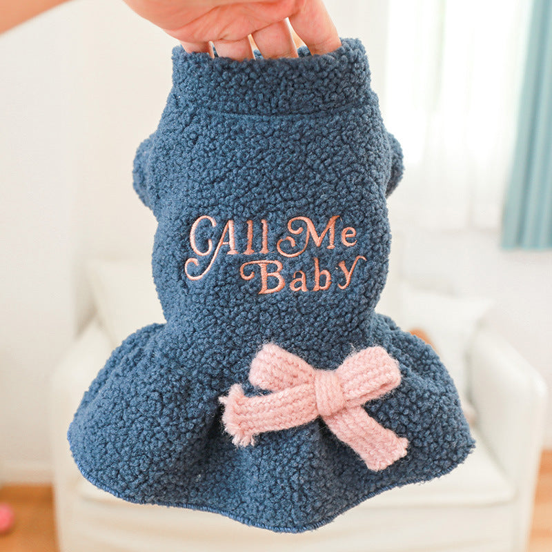 1pc Letter Embroidered Bow Decor Fuzzy Pet Dress For Autumn And Winter Dog Warm Clothes