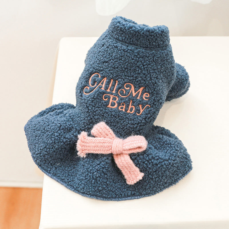 1pc Letter Embroidered Bow Decor Fuzzy Pet Dress For Autumn And Winter Dog Warm Clothes