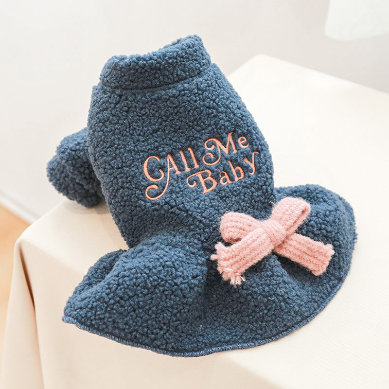 1pc Letter Embroidered Bow Decor Fuzzy Pet Dress For Autumn And Winter Dog Warm Clothes