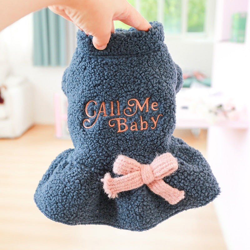 1pc Letter Embroidered Bow Decor Fuzzy Pet Dress For Autumn And Winter Dog Warm Clothes