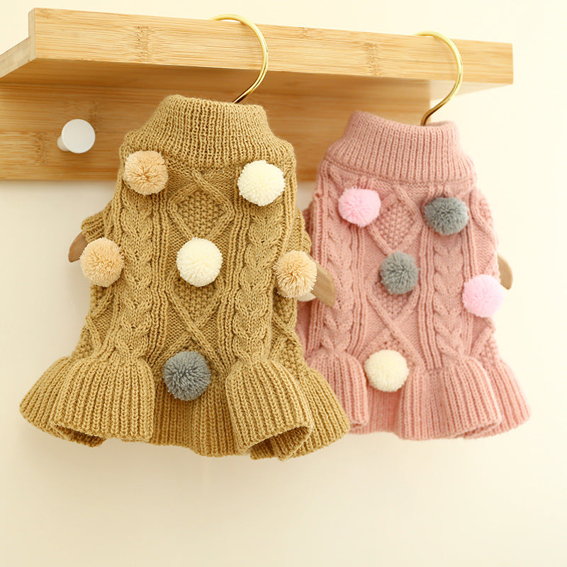 Pet Turtleneck Sweater, Knitwear Dog Dress With Pompoms, Warm Pet Clothes For Small Medium Dog & Cat Autumn And Winter Dog Warm Clothes