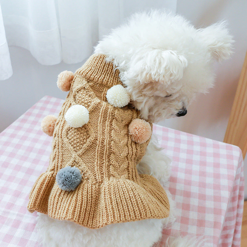 Pet Turtleneck Sweater, Knitwear Dog Dress With Pompoms, Warm Pet Clothes For Small Medium Dog & Cat Autumn And Winter Dog Warm Clothes