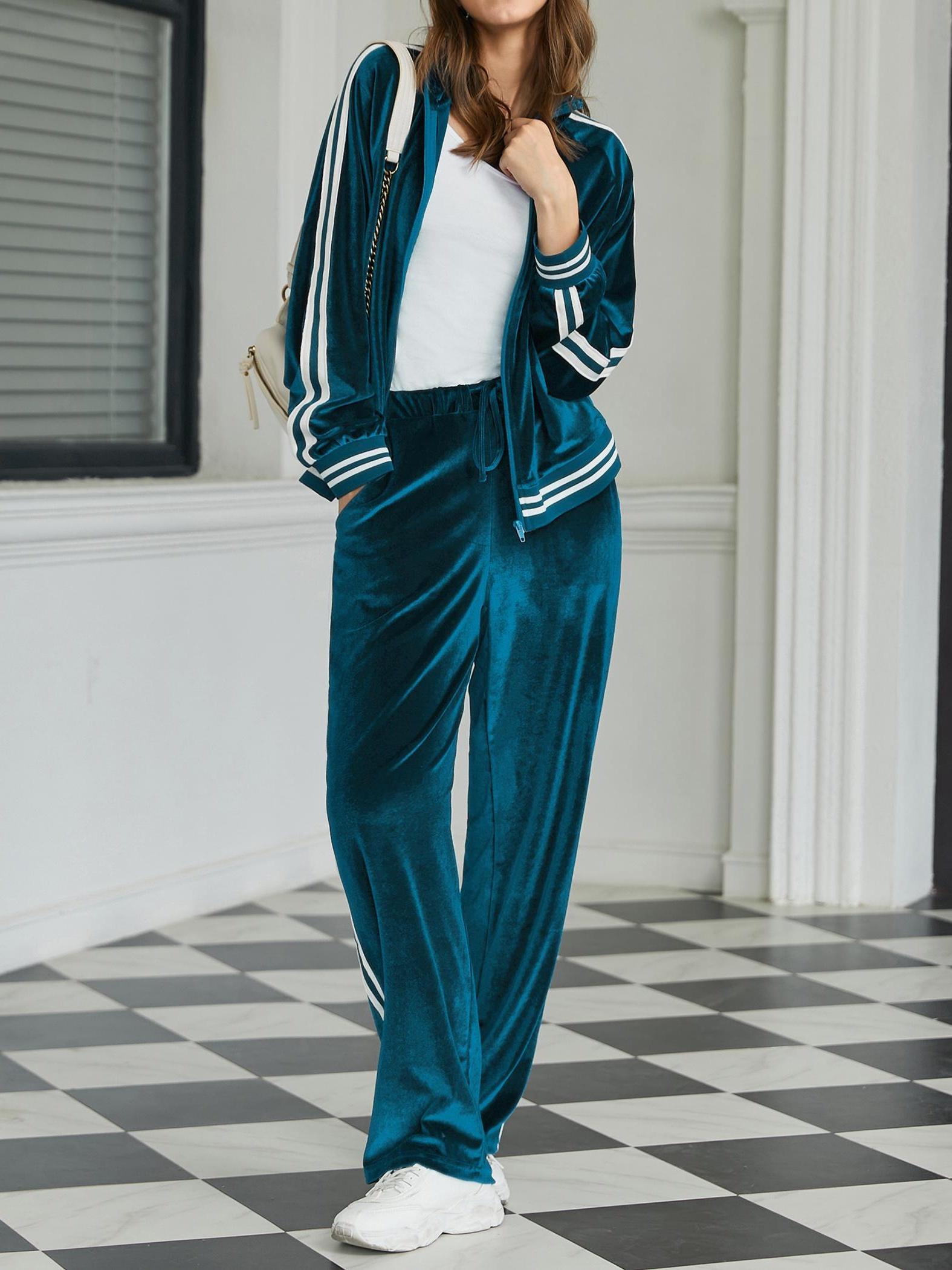 Women'S Velvet Velor Tracksuits 2pcs Lounge Outfits Zip Up Sweatshirt and Sweatpants with Pockets S-2XL vacation outfits for women