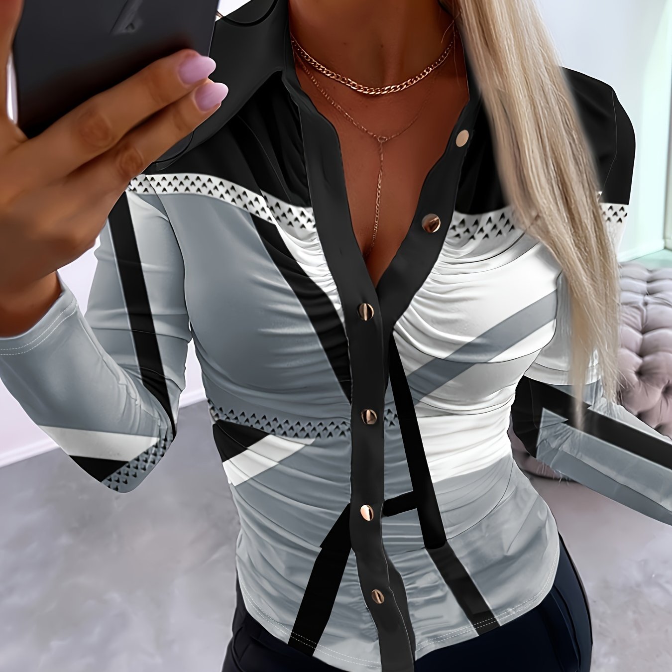 Chic Geometric Print Long Sleeve Blouse with Ruched Waist - Sexy Button-Up Collared Shirt, Polyester & Spandex Blend, Machine Washable - Ideal for All Seasons, Plus Size Blouses