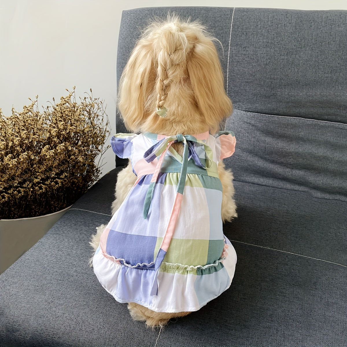 1pc Pet Breathable V-Neck Ruffle Sleeve Plaid Dress with Tie, Polyester Woven Pullover for Small to Medium Breeds, Dog and Cat Home Vacation Style Outfit, Home Leisure Attire | Playful Pet Outfit | Durable Pet Dress, Pet Clot