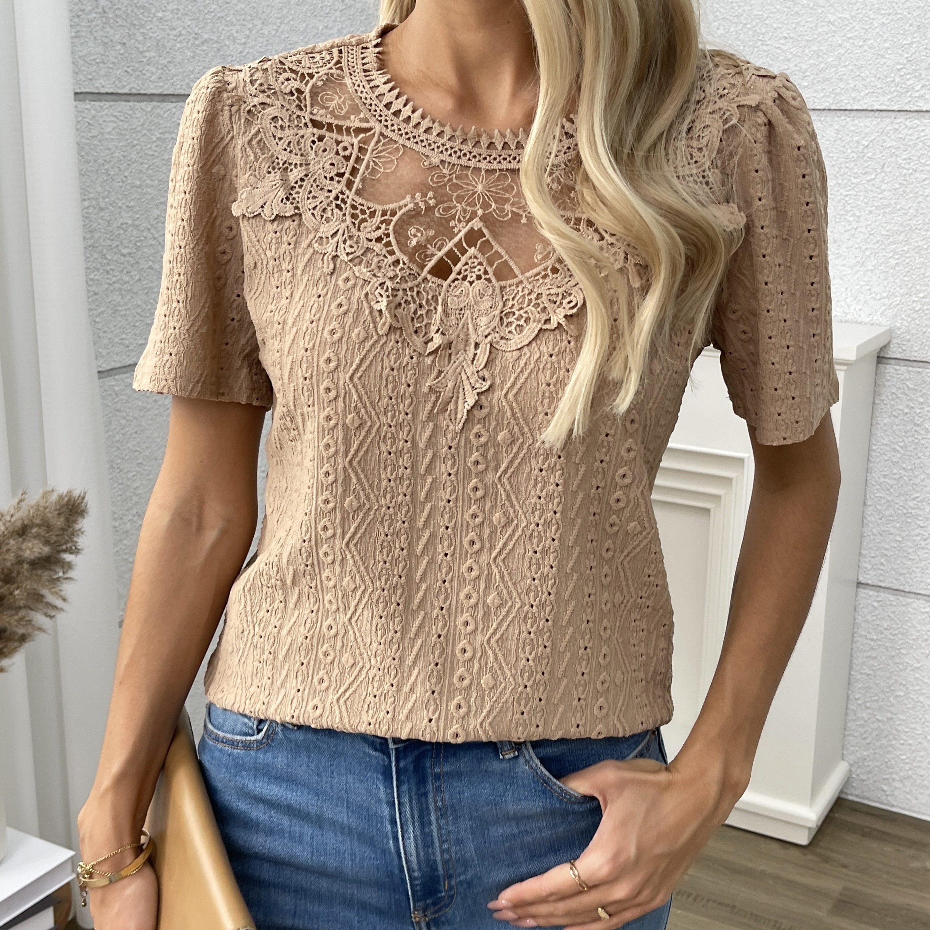 Stylish Lace Crew Neck Blouse - Women's Casual Short Sleeve Blouses for Spring & Summer - Breathable, Soft, and Comfortable Clothing for Ladies