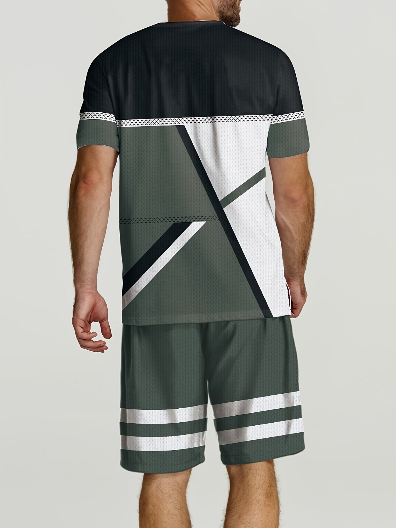 2pcs Geometric Pattern Print Casual co ord set For Men, Stylish T-shirt & Elastic Waist Shorts, Men's Clothes