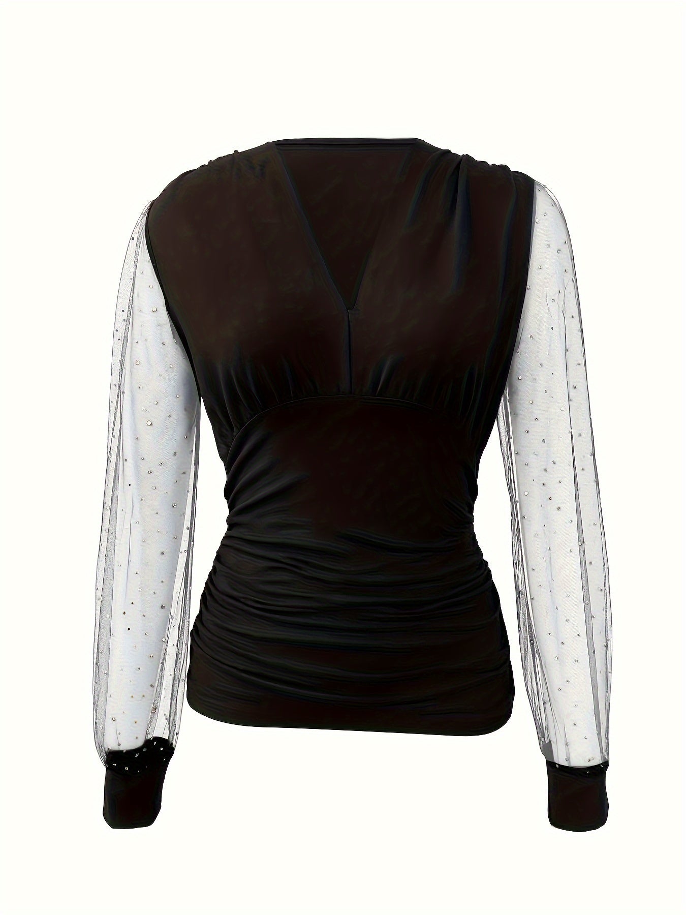 Women'S Elegant Black V-Neck Blouse with Mesh Sleeves - Chic Long Sleeve Top for Casual or Formal Wear, All-Season Versatile Design, Formal Attire | Vneck Top | Mesh Detailing, Ladies Blouses