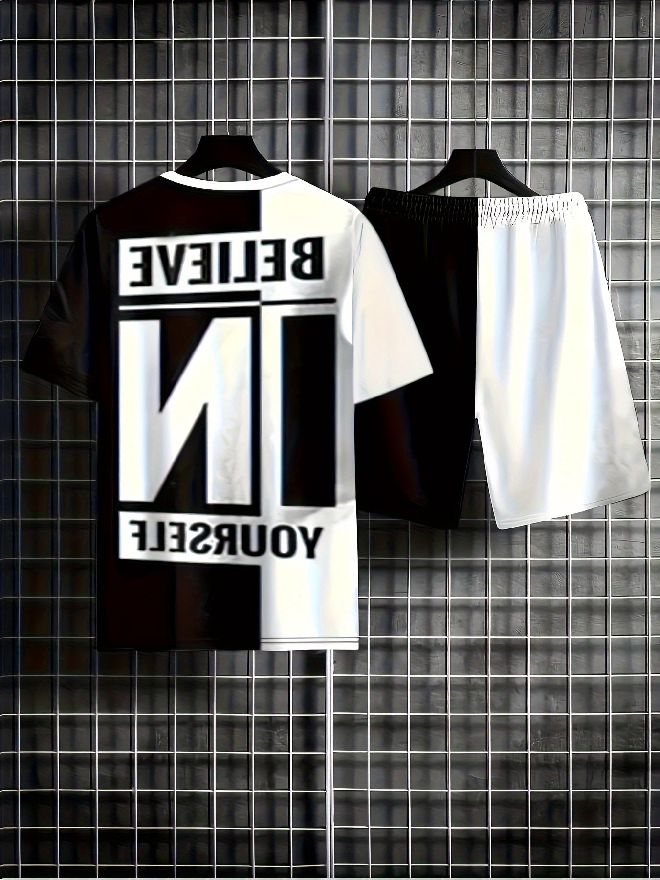 2pcs Men's BELIEVE IN YOURSELF Pattern Color Clash T-shirt & Casual Shorts Set, Men's Clothes For Summer Daily Wear/Holiday/Beach/Party