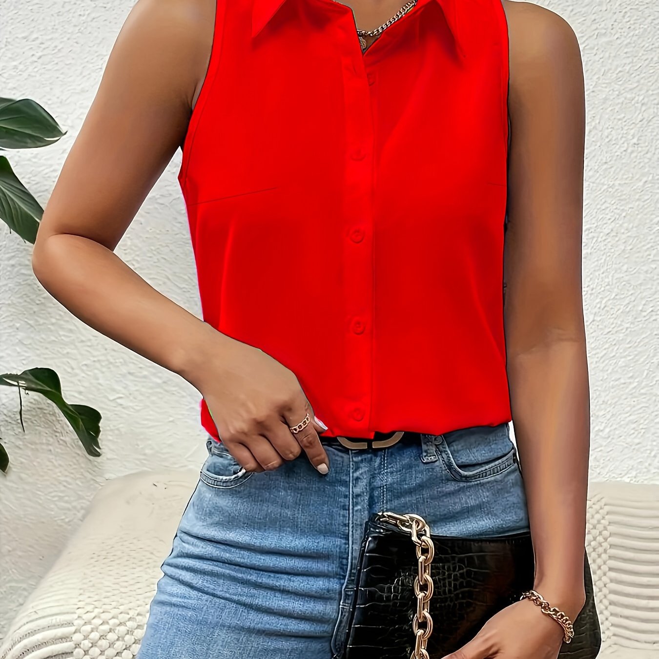 Stylish Plus Size Button Front Collared Blouse - Plus Size Blouses for Spring and Summer - Casual Sleeveless Top with Comfortable Fit for Women