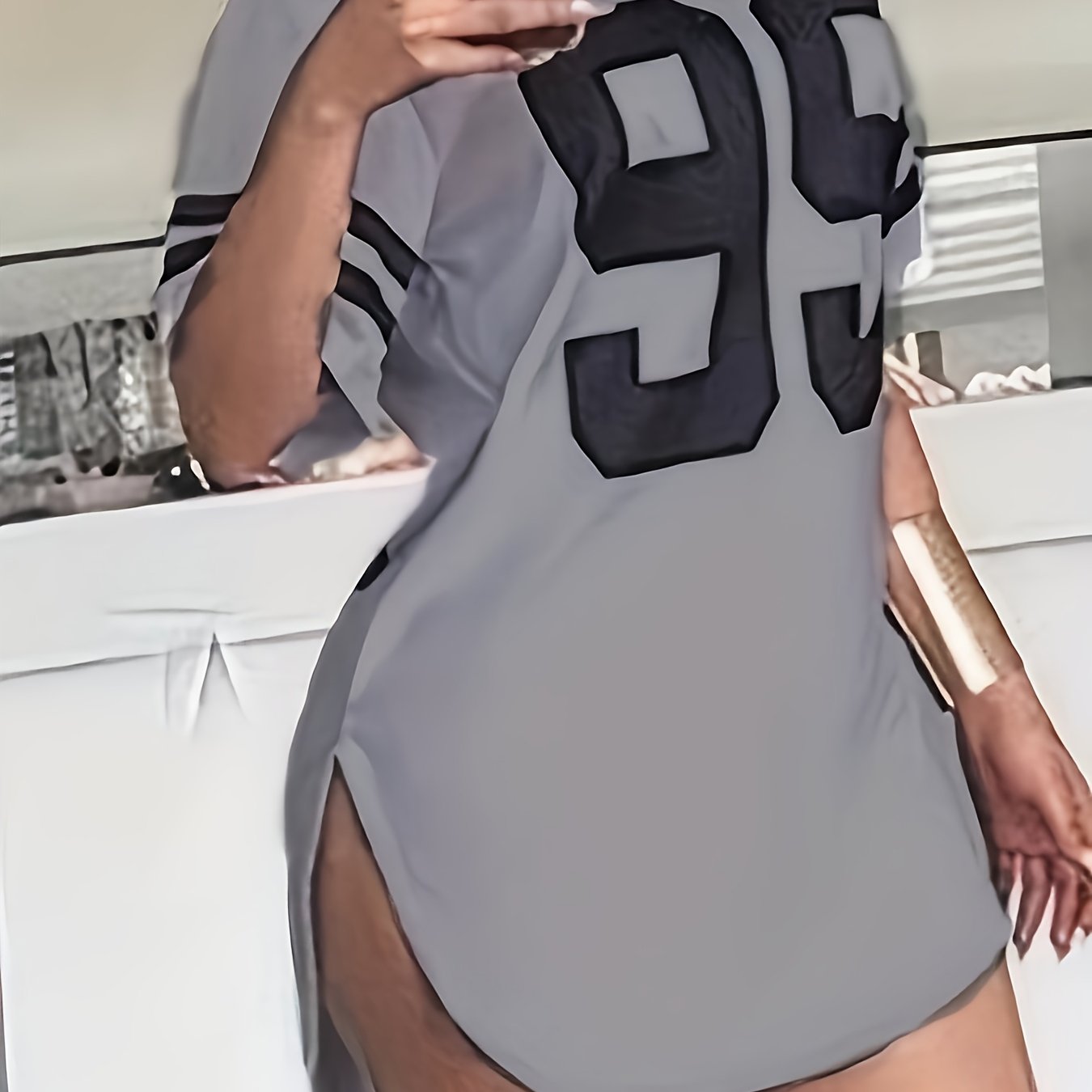 Women'S Plus Size Gray Casual T-Shirt with "95" Print, Loose Fit, Crew Neck, Short Sleeve, Polyester, Knit Fabric, Split Detail, All-Season Wear, Relaxed Fit Tee | Split Hem Detail | Polyester Fabric, Plus Size Blouses