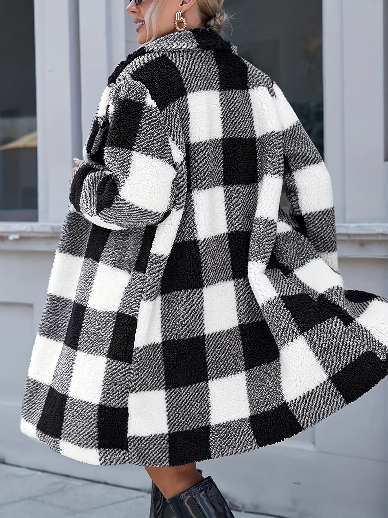 Women's Plush Long Sleeve Button-Front Coat - Soft Warm Checkered Pattern (Black/White/Gray/Brown), Mid-Stretch Machine-Washable Fall Winter Elegant Outerwear for Casual & Formal Occasions, Elegant Long Sleeve Button Blouses,