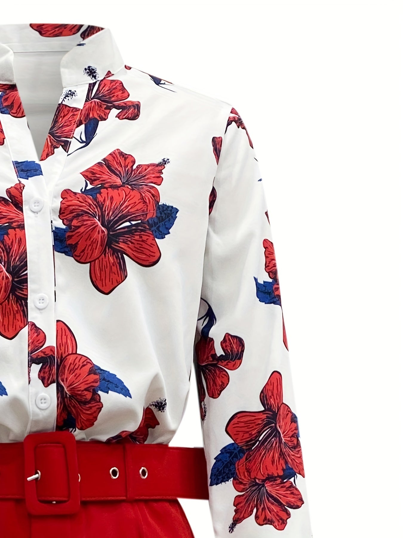 Two-piece Set, Comfy Floral Print Blouse with Button Front & Wide Leg Solid Pants, Casual Women's Clothing