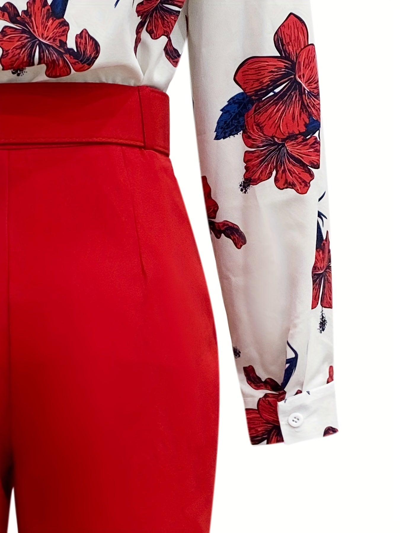 Two-piece Set, Comfy Floral Print Blouse with Button Front & Wide Leg Solid Pants, Casual Women's Clothing