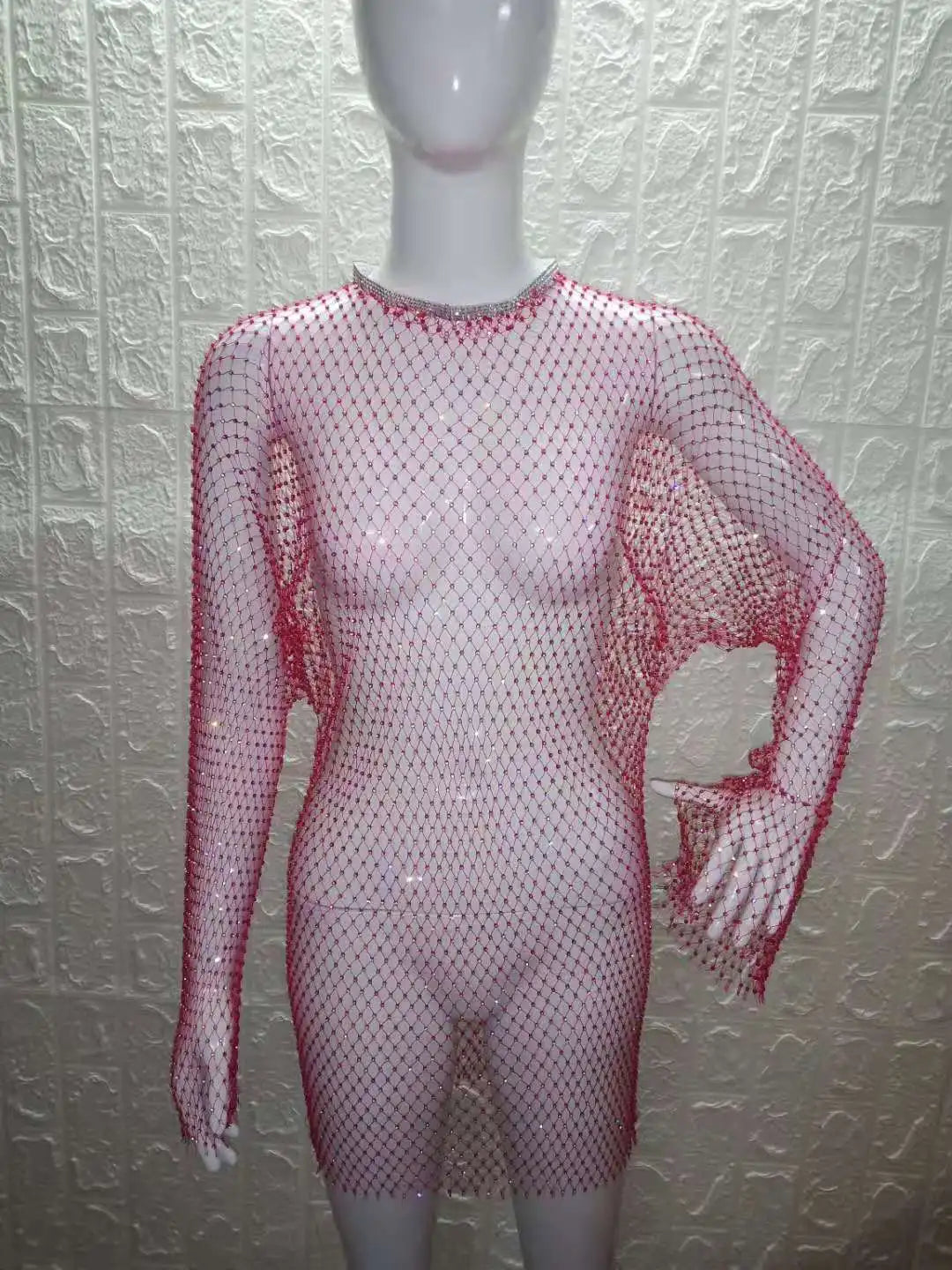 Beach Holiday Hollow Out Women's Clothes Hot-Selling Long Sleeve Mesh Rhinestone Round Neck Dress