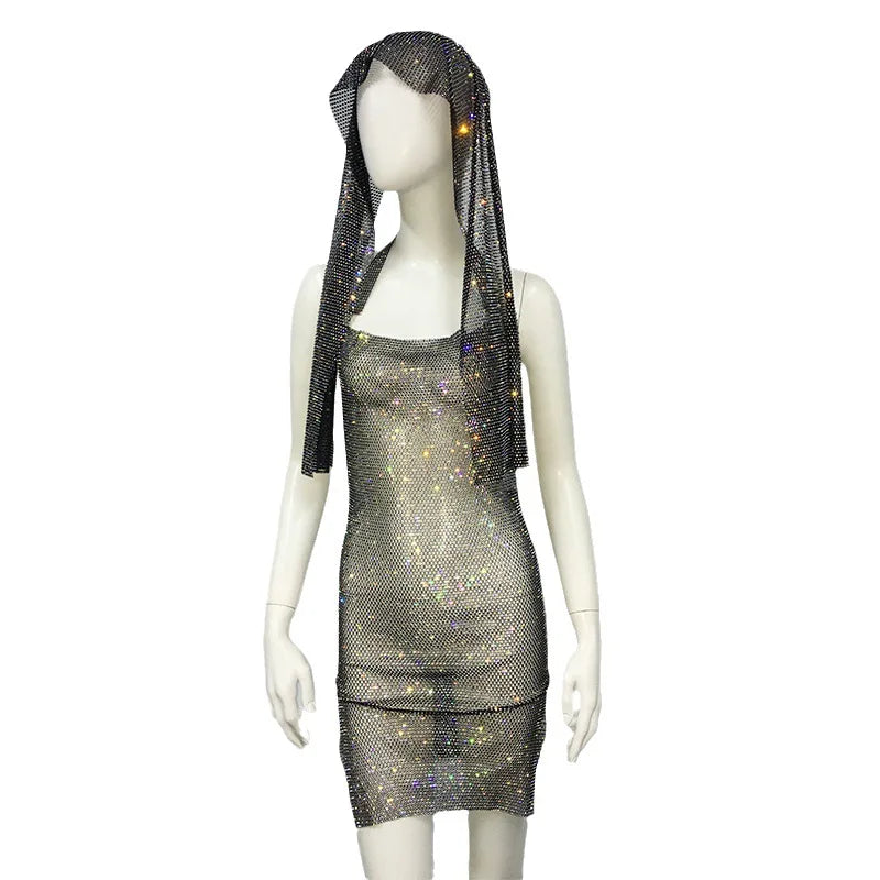 Sexy Club Party Women's Clothes Fishnet Dress Sexy Tight Halterneck Full Diamond Dress Fishnet
