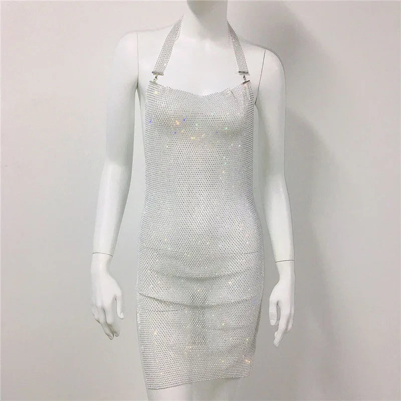 Sexy Club Party Women's Clothes Fishnet Dress Sexy Tight Halterneck Full Diamond Dress Fishnet