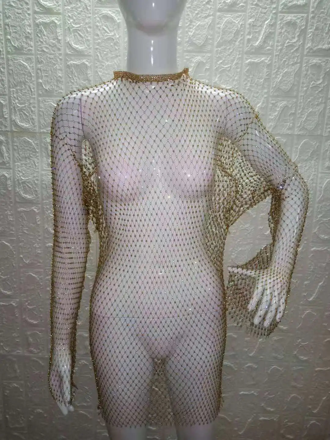 Beach Holiday Hollow Out Women's Clothes Hot-Selling Long Sleeve Mesh Rhinestone Round Neck Dress