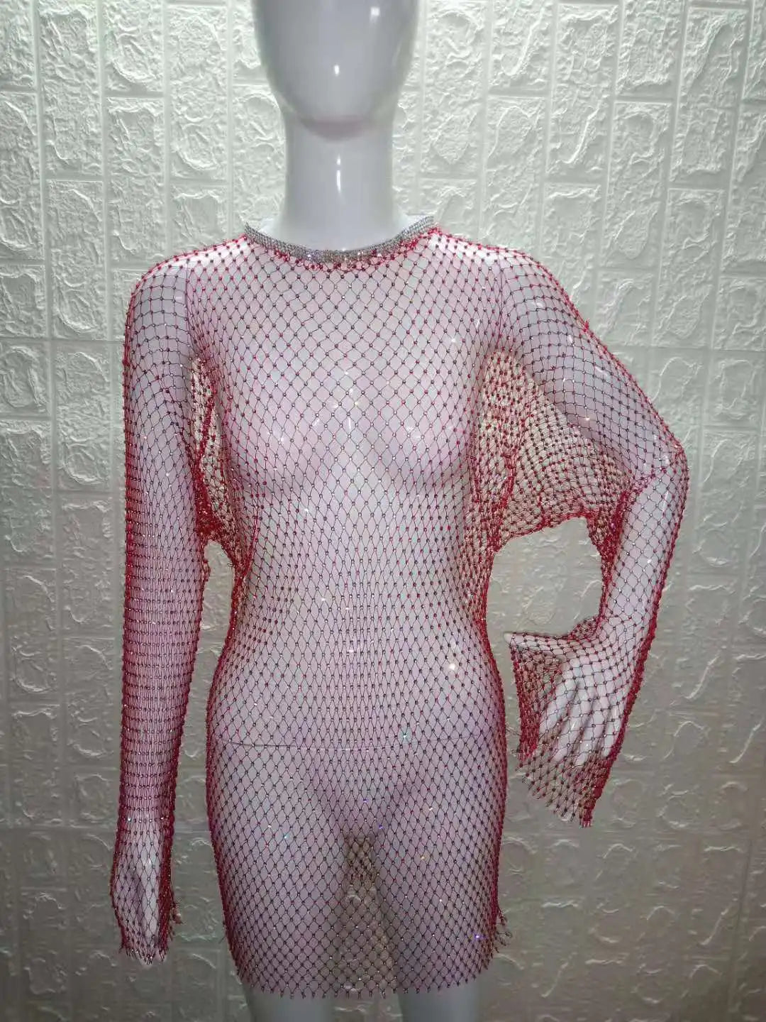 Beach Holiday Hollow Out Women's Clothes Hot-Selling Long Sleeve Mesh Rhinestone Round Neck Dress