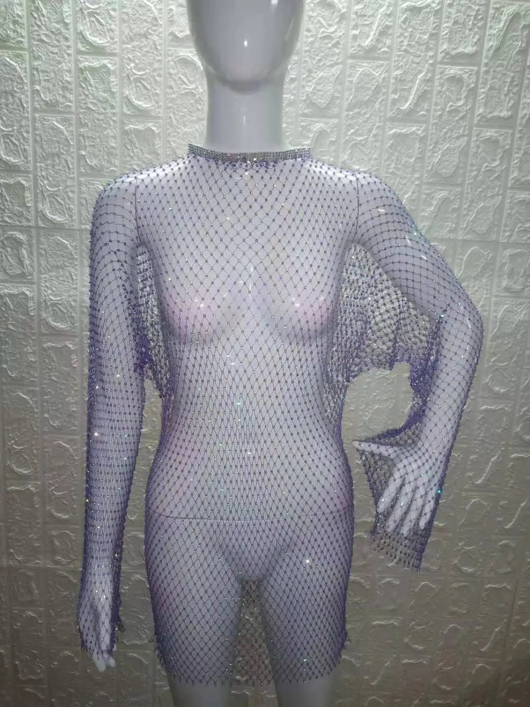 Beach Holiday Hollow Out Women's Clothes Hot-Selling Long Sleeve Mesh Rhinestone Round Neck Dress