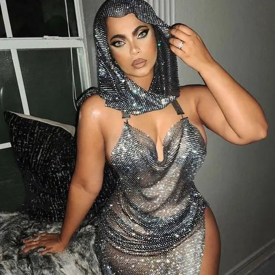 Sexy Club Party Women's Clothes Fishnet Dress Sexy Tight Halterneck Full Diamond Dress Fishnet