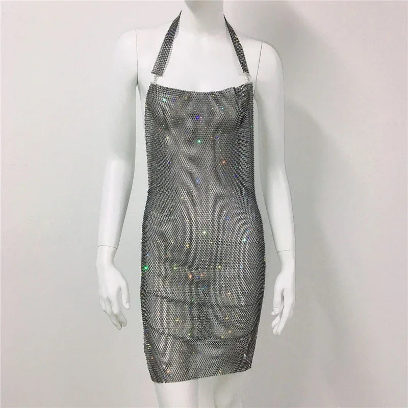 Sexy Club Party Women's Clothes Fishnet Dress Sexy Tight Halterneck Full Diamond Dress Fishnet