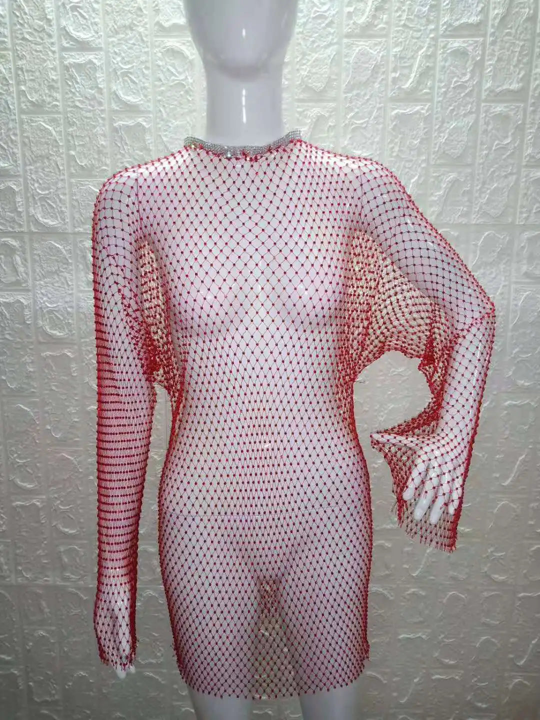 Beach Holiday Hollow Out Women's Clothes Hot-Selling Long Sleeve Mesh Rhinestone Round Neck Dress