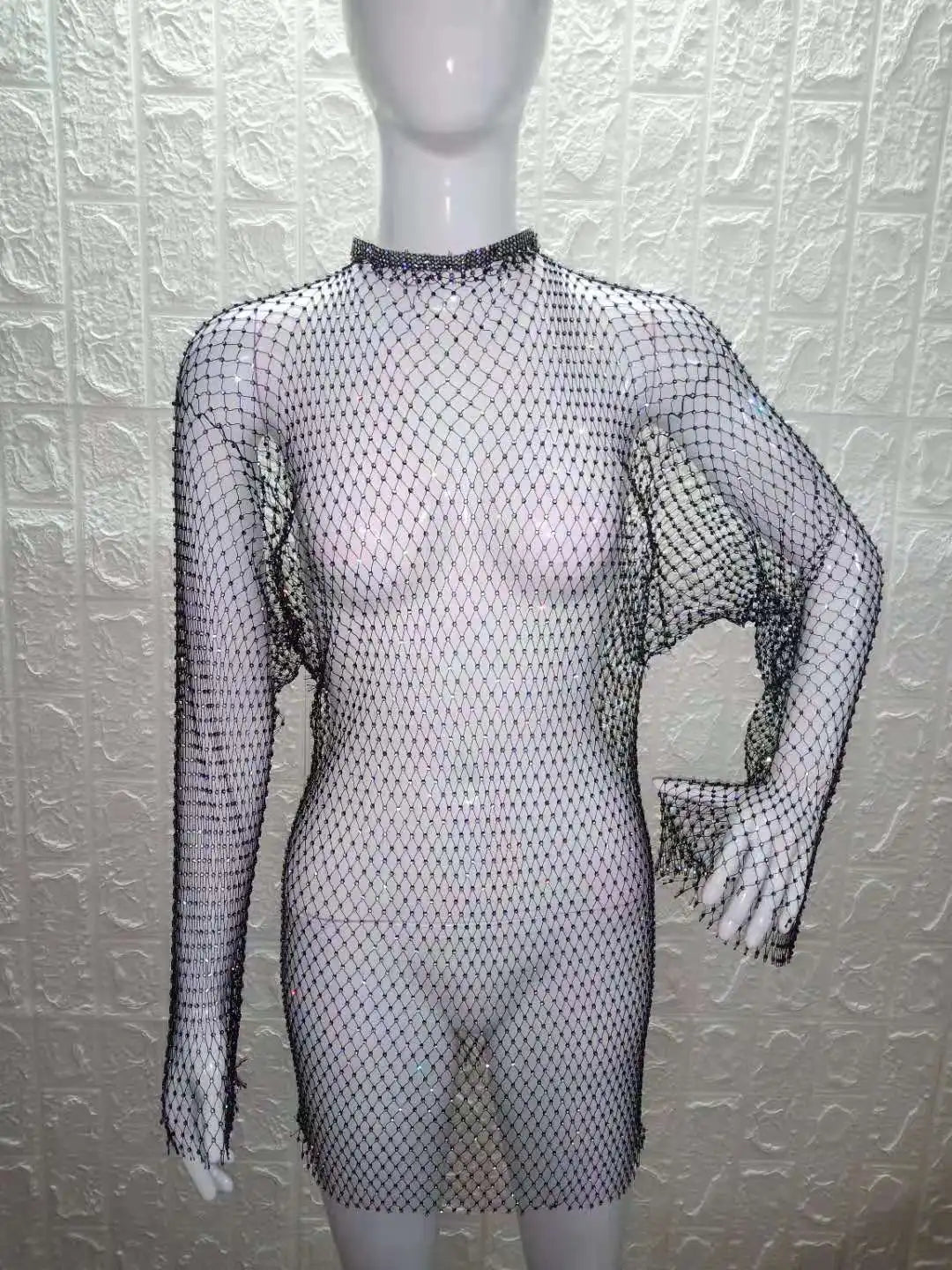 Beach Holiday Hollow Out Women's Clothes Hot-Selling Long Sleeve Mesh Rhinestone Round Neck Dress