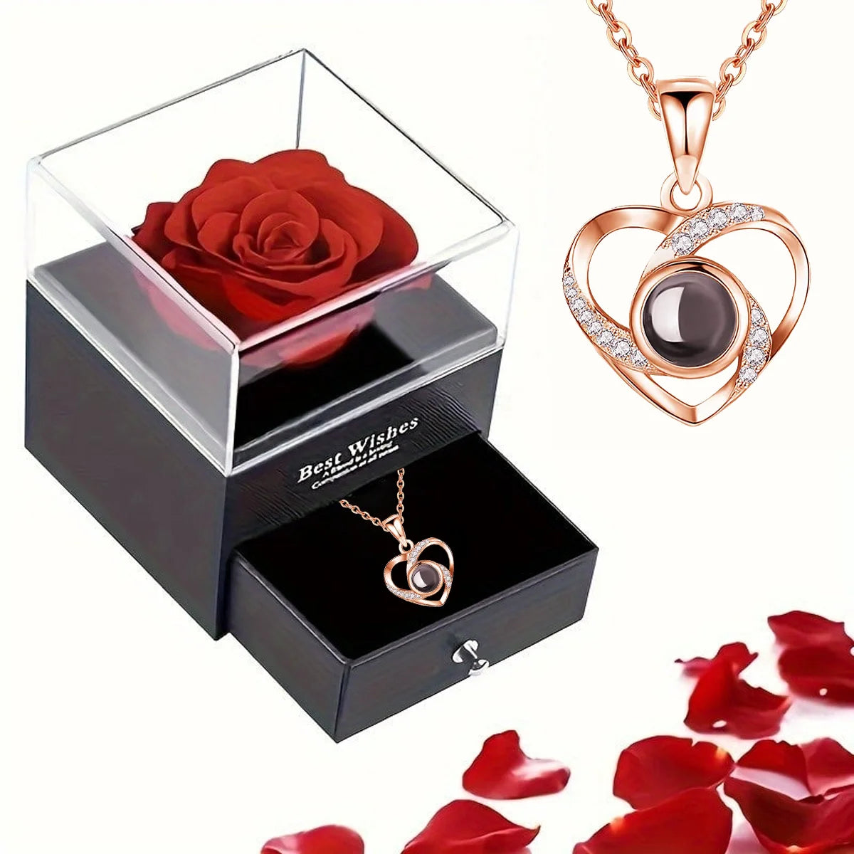 100 Languages “I Love You” Projection Necklace with Rose Gift Box – Romantic Gift for Her