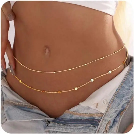 Waterproof Waist Chains for Women 14K Gold Plated STAINLESS STEEL Layered Cuban Pearl Satellite Beads Belly Belt Body Jewelry