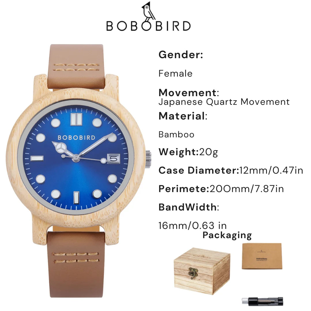 BOBO BIRD Bamboo Ladies Wristwatch for Women with Genuine Leather Strap Natural Lightweight Elegant Fashion Gift Watch for Her