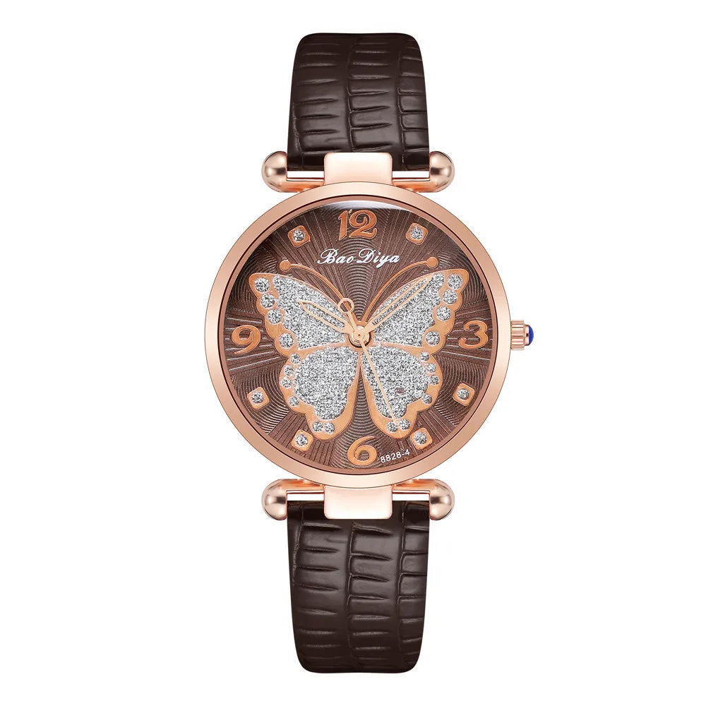 Casual Round Pointer Quartz Watch Cute Rhinestone Butterfly Pattern Dial Analog Dress Watch, Gift For Women Girls