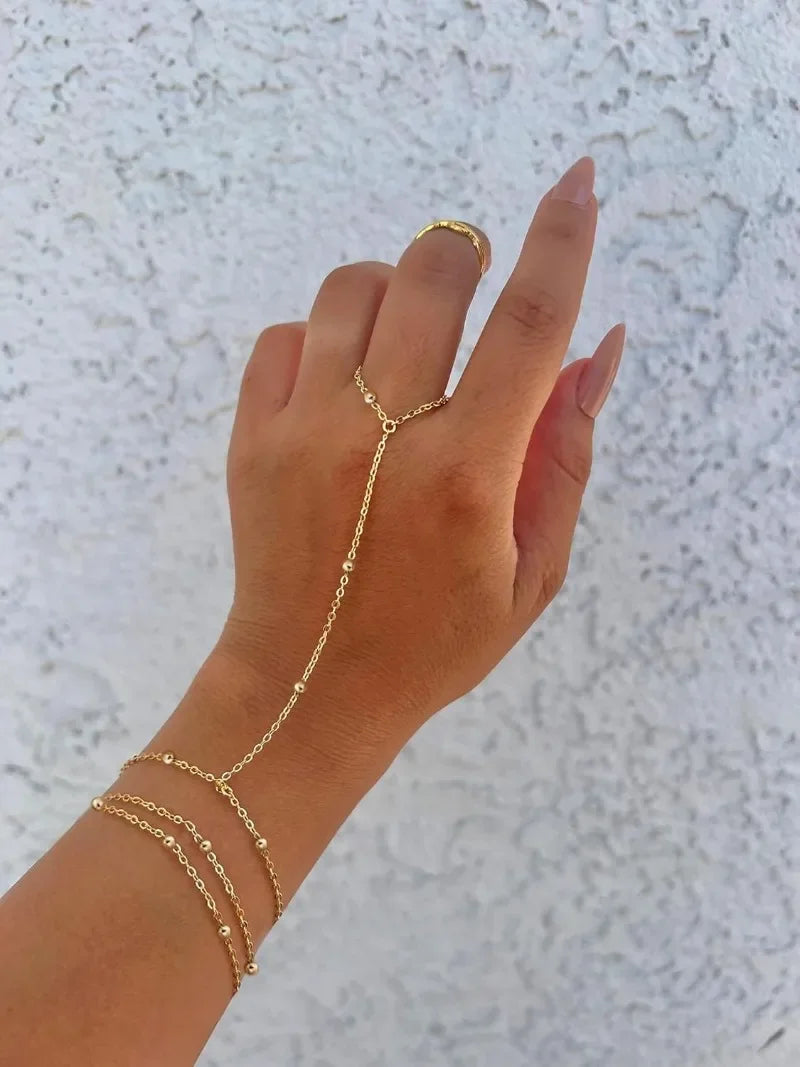 14K Gold Plated Stainless Steel Ring Hand Chain Bracelet for Women  Trendy Bead Satellite Hand Chain Bracelets Jewelry Gift