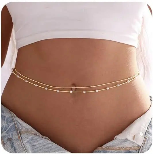 Waterproof Waist Chains for Women 14K Gold Plated STAINLESS STEEL Layered Cuban Pearl Satellite Beads Belly Belt Body Jewelry