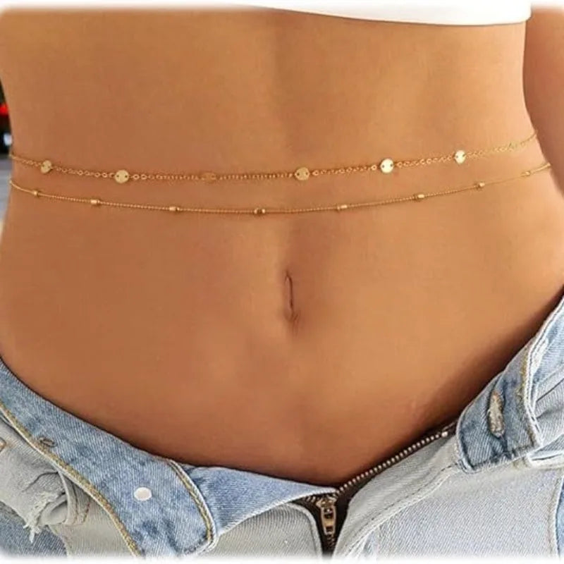 Waterproof Waist Chains for Women 14K Gold Plated STAINLESS STEEL Layered Cuban Pearl Satellite Beads Belly Belt Body Jewelry