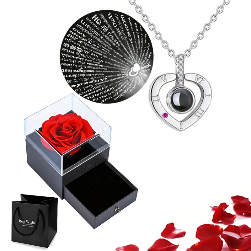 100 Languages I Love You Projection Love Heart Necklace With Rose Gift Box 2023 New Jewelry For Women Girlfriend Christmas Gifts