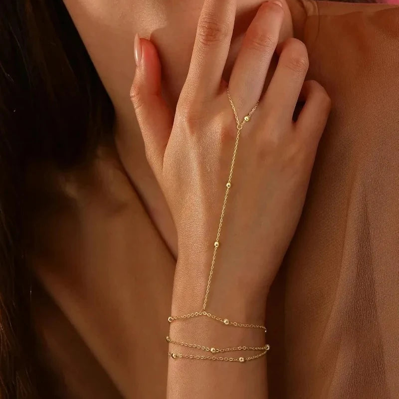 14K Gold Plated Stainless Steel Ring Hand Chain Bracelet for Women  Trendy Bead Satellite Hand Chain Bracelets Jewelry Gift