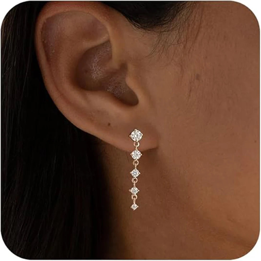 Dainty Gold Earrings 14K Gold Plated CZ  Drop Earrings for Women Trendy Hypoallergenic CZ Dangling Simple Long Earring