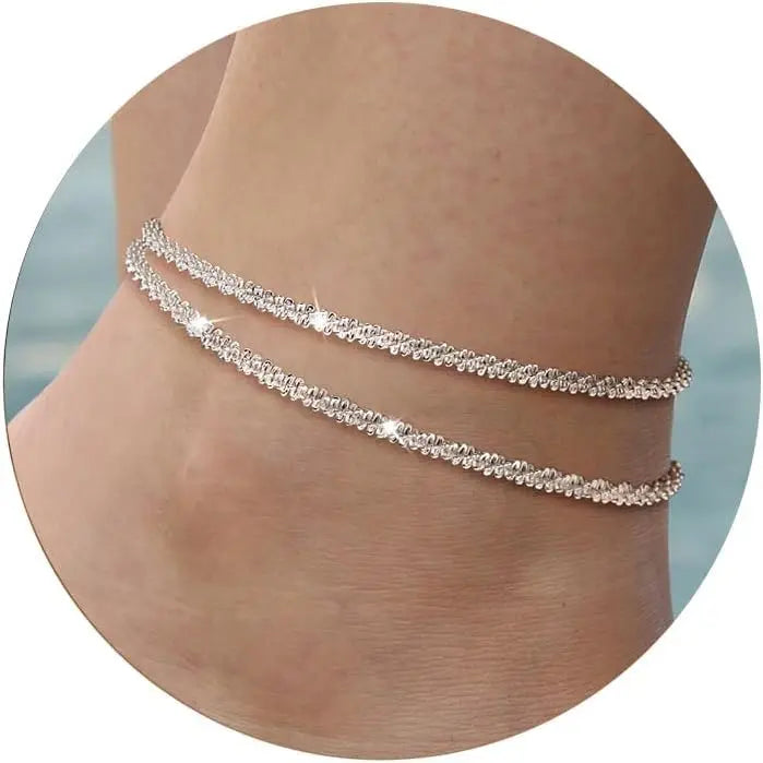 Ankle Bracelets for Women Girls Glitter Waterproof Adjustable 14K Gold Plated/Sterling Silver Layered Anklets Beach Foot Jewerly