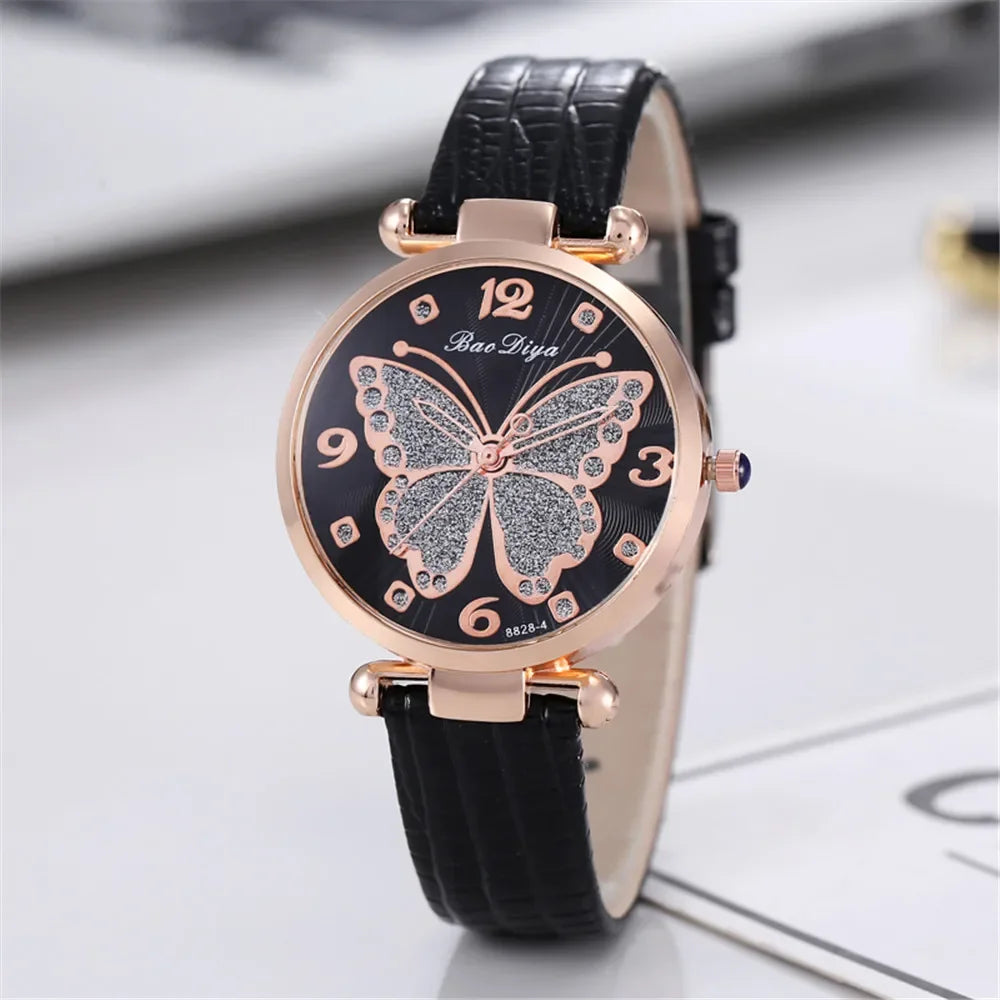 Casual Round Pointer Quartz Watch Cute Rhinestone Butterfly Pattern Dial Analog Dress Watch, Gift For Women Girls