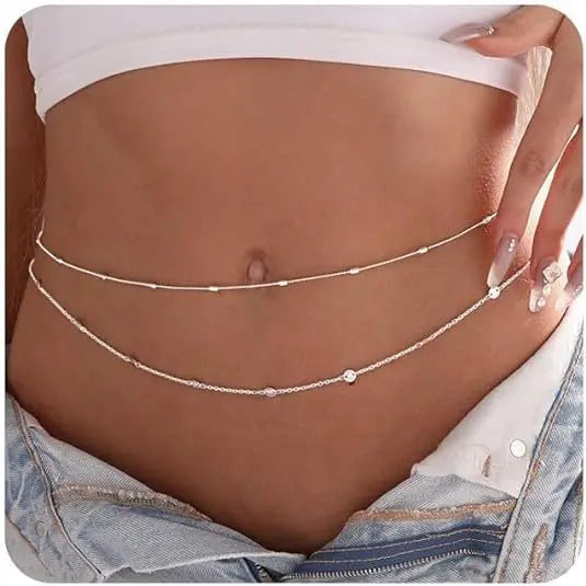 Waterproof Waist Chains for Women 14K Gold Plated STAINLESS STEEL Layered Cuban Pearl Satellite Beads Belly Belt Body Jewelry