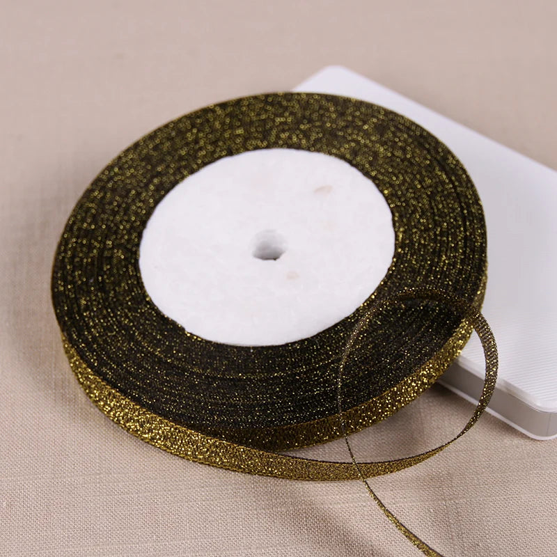 1/4" (6mm) 25yards Gold Silver Metallic Glitter Ribbons For DIY Crafts Sewing Fabric Christmas Party Wedding Supplies Gift Wrap