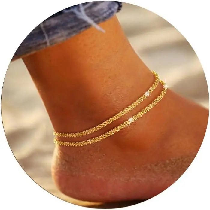 Ankle Bracelets for Women Girls Glitter Waterproof Adjustable 14K Gold Plated/Sterling Silver Layered Anklets Beach Foot Jewerly