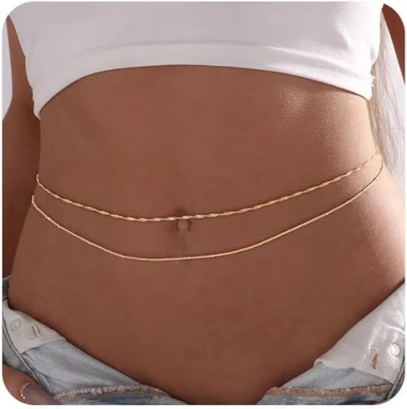 Waterproof Waist Chains for Women 14K Gold Plated STAINLESS STEEL Layered Cuban Pearl Satellite Beads Belly Belt Body Jewelry