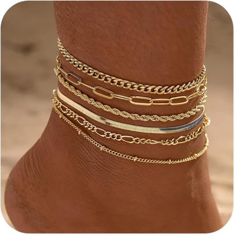 6PCS 14k Gold Plated Ankle Bracelets for Women, Stainless Steel Waterproof Herringbone Paperclip Bead Figaro Cuban Chain Anklets