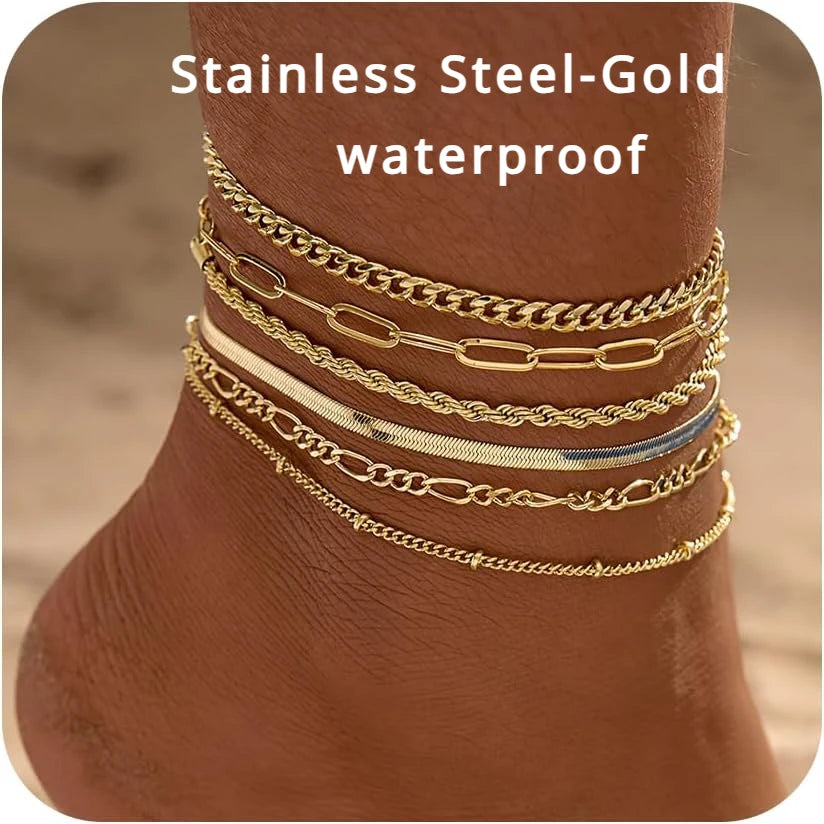 6PCS 14k Gold Plated Ankle Bracelets for Women, Stainless Steel Waterproof Herringbone Paperclip Bead Figaro Cuban Chain Anklets