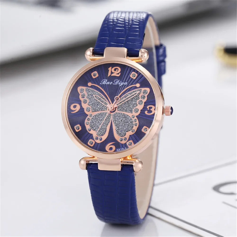 Casual Round Pointer Quartz Watch Cute Rhinestone Butterfly Pattern Dial Analog Dress Watch, Gift For Women Girls