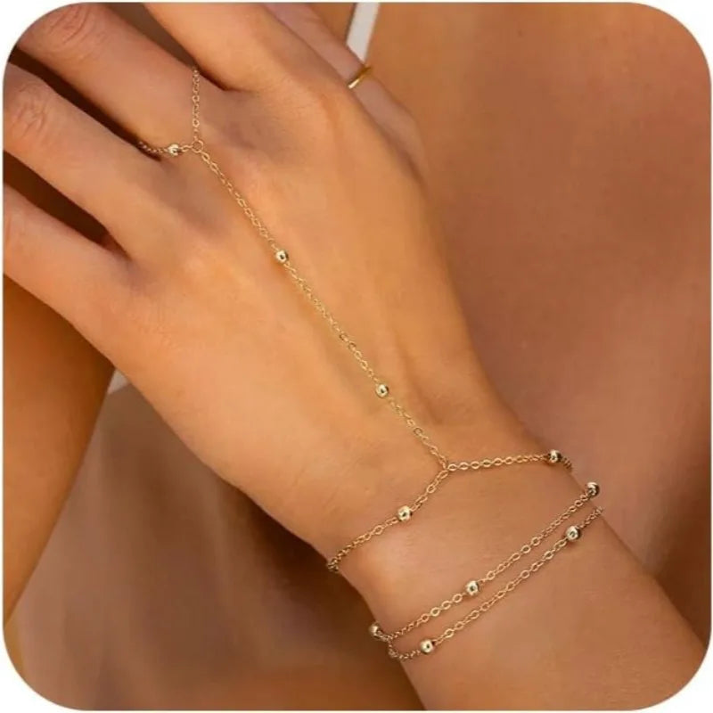 14K Gold Plated Stainless Steel Ring Hand Chain Bracelet for Women  Trendy Bead Satellite Hand Chain Bracelets Jewelry Gift