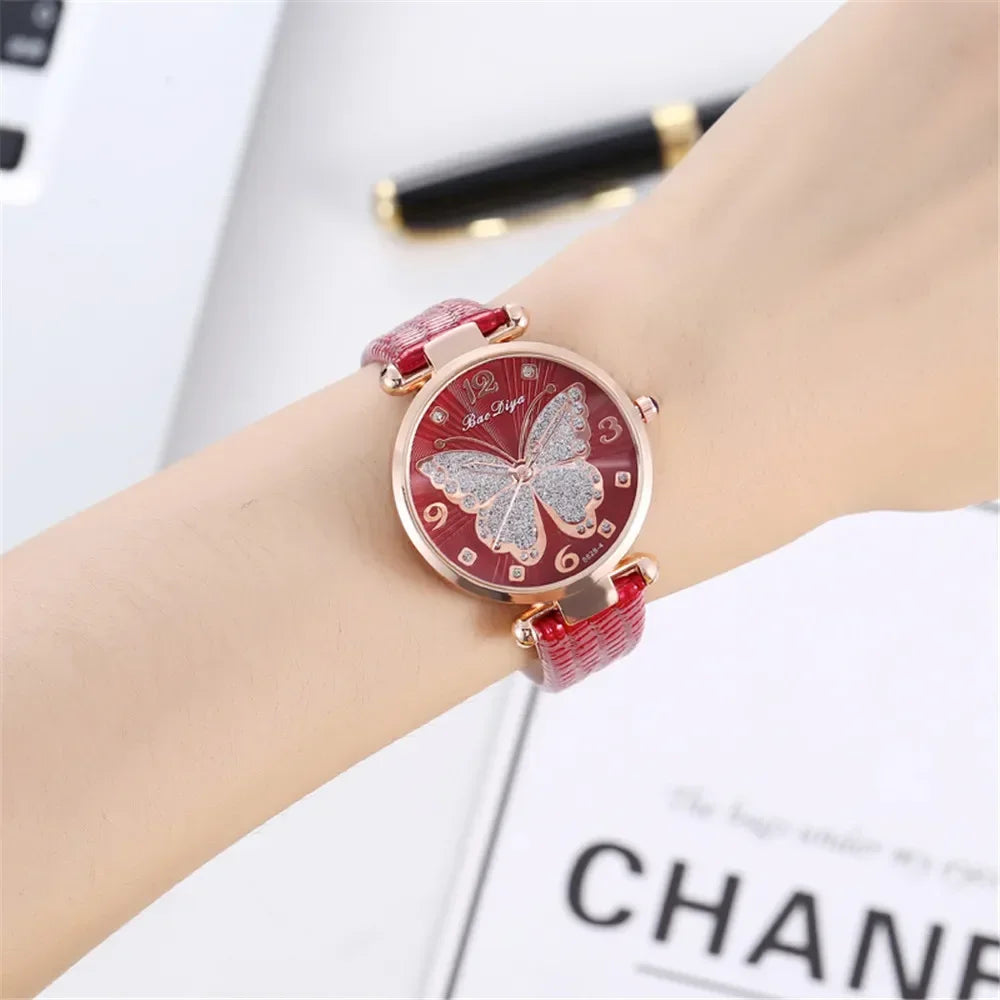 Casual Round Pointer Quartz Watch Cute Rhinestone Butterfly Pattern Dial Analog Dress Watch, Gift For Women Girls